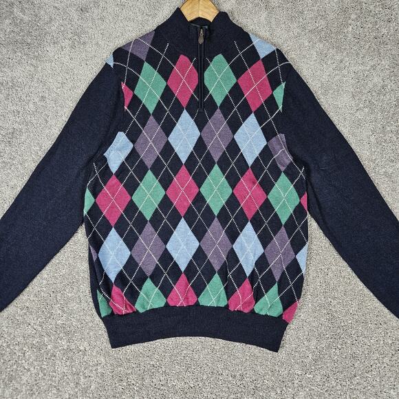 Brooks Brothers Wool Sweater Mens XL Blue Argyle 1/4 Zip Preppy Grandpacore - Picture 1 of 15